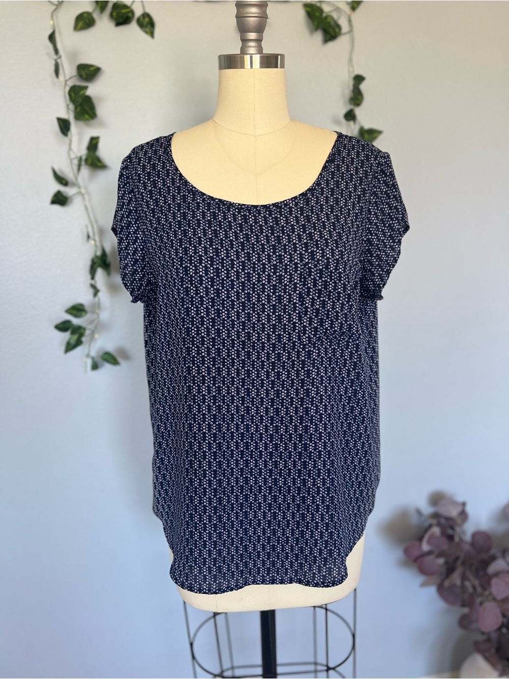 Premise Studio Navy Blue Micro Dot Print Blouse Size L